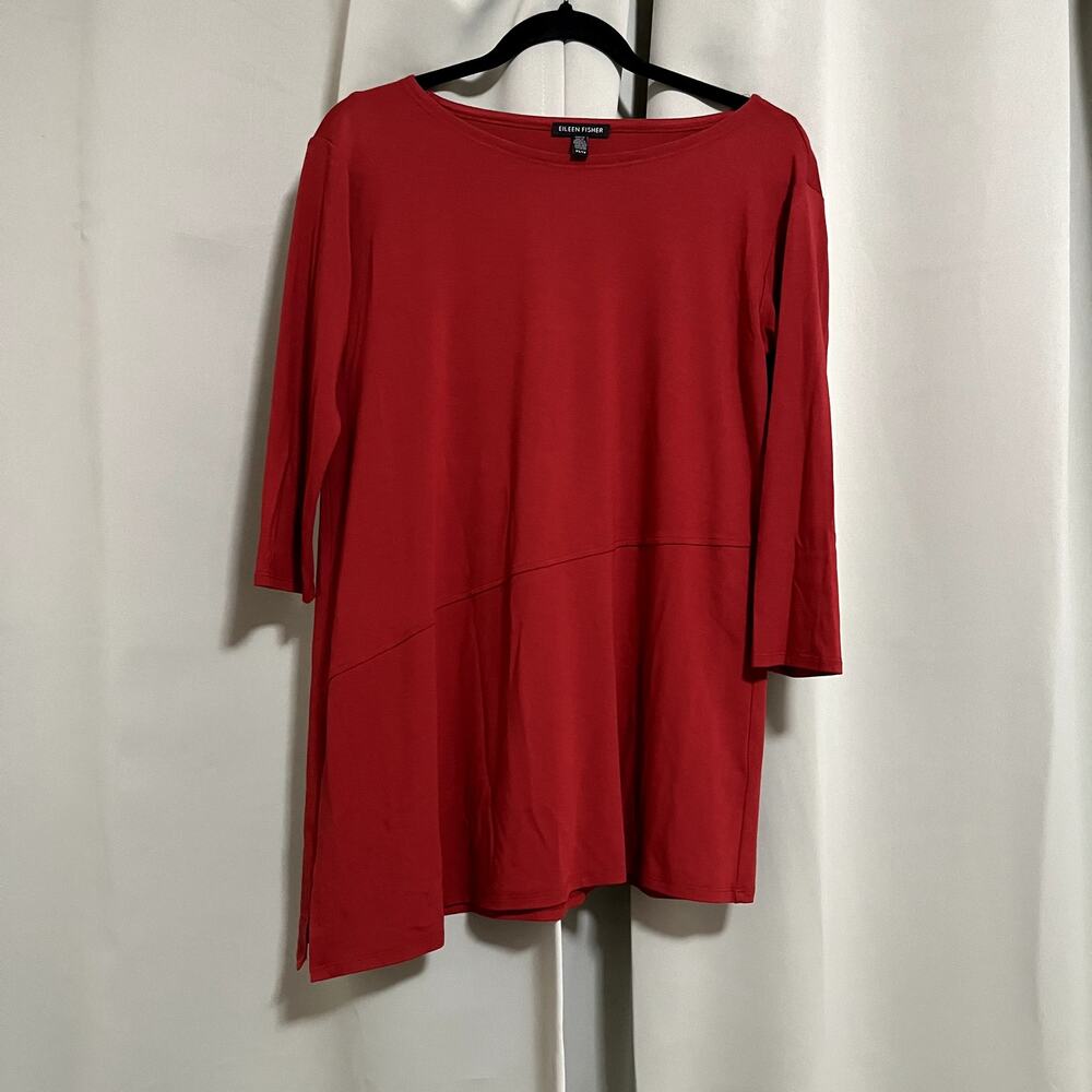 Eileen Fisher Red Orange Boat Neck Asymmetrical Tunic Top